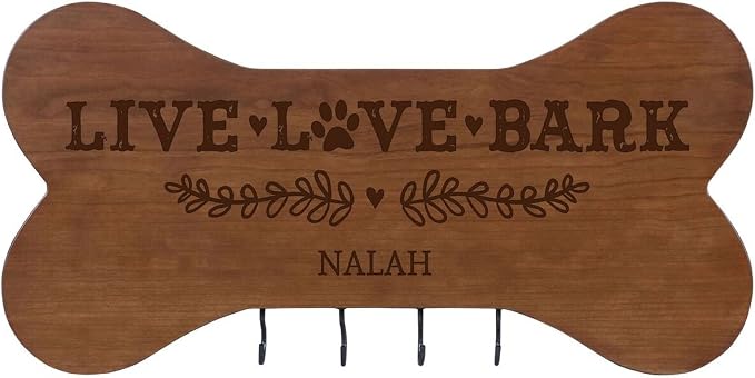 Rooms Organized Personalized Live Love Bark Wall Mounted Dog Bone Pet Leash Rack,Dog Collar Holder New Home Decor Gift ideas and 4 hooks 16" L x 8" H 2.5." deep (Cherry)