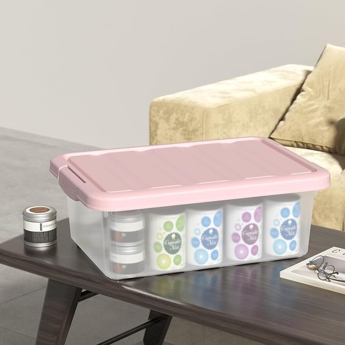 14 Quart Plastic Storage Latching Bin Box with Pink Lids, 2 Packs | Flat Under Bed Organization Latch Tote Containers with Lid