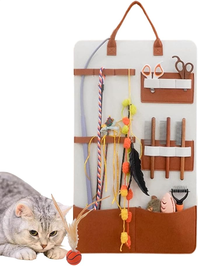 Cat Toy Holder Organization Wall Mount Home Decor Pockets | Wand Toy Organizer Bag for Indoor Cats Grooming Brush Pet Comb Bedroom Living Room Home Apartment