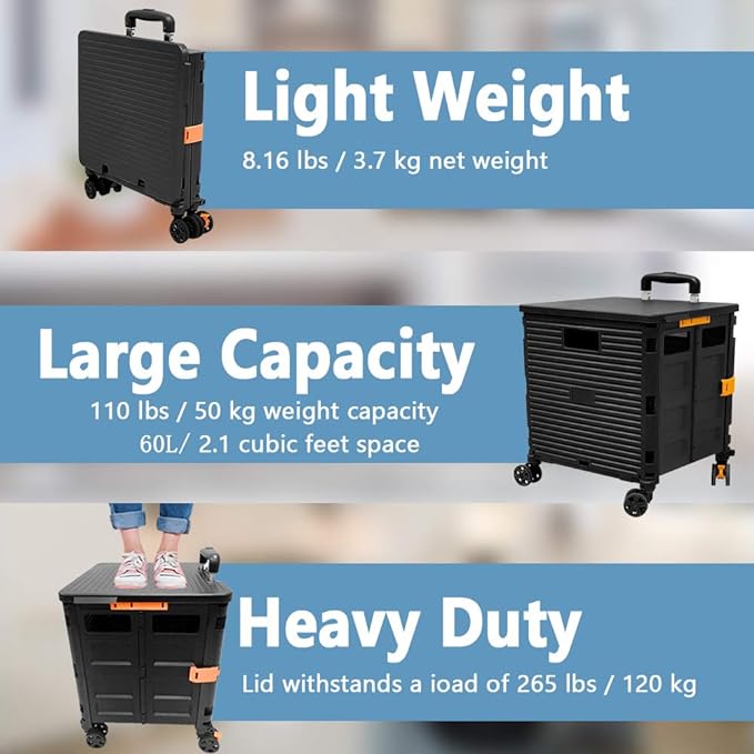 FELICON SELORSS Foldable Utility Cart Folding Portable Rolling Crate-Black | Durable,Heavy Duty,Plastic Box,Telescoping Handle,4 Rotate Wheels,Collapsible Handcart for Travel Shop Move Luggage Office