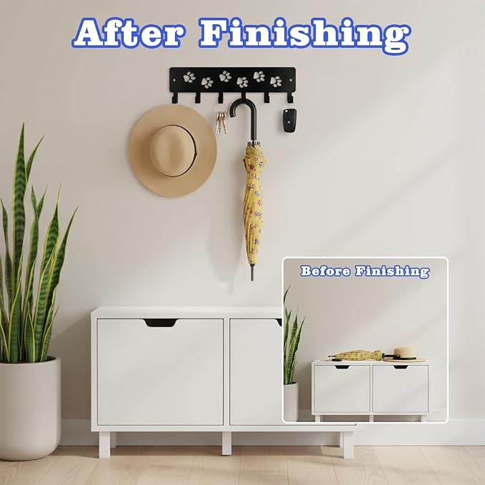 Key Holder Wall Mount & Dog Leash Holder for Wall, Metal Key Rack with 6 Hooks Decorative Animal Storage Rack Adhesive for Entrance Living Room Kitchen Dog Paws Design WallOrganizer