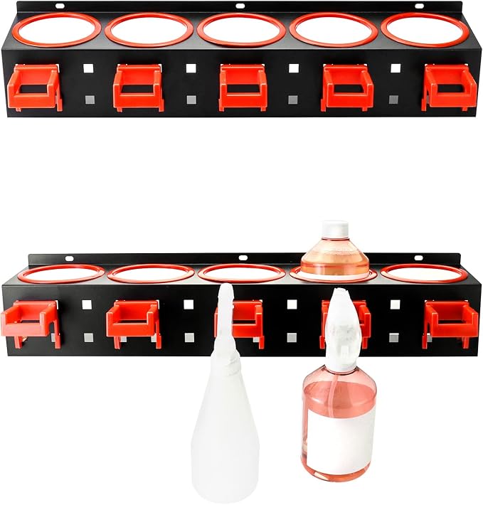 QWORK Wall-mounted Spray Bottle Holder, 2 Pack Aerosol Can Rack Organizer - 5 Holes and 5 Plastic Hooks Included for Tidying Up Your Cleaning and Detailing Tools