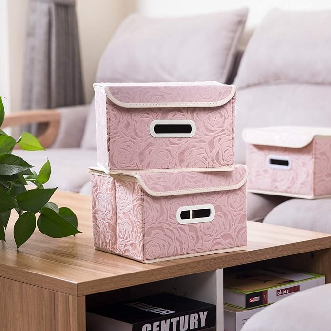 Collapsible Storage Boxes with Lids Fabric Decorative Storage Bins Cubes Organizer Containers Baskets with Cover Handles Divider for Bedroom Closet Living Room 9.8x7.9x6.7 Inch 3 Pack