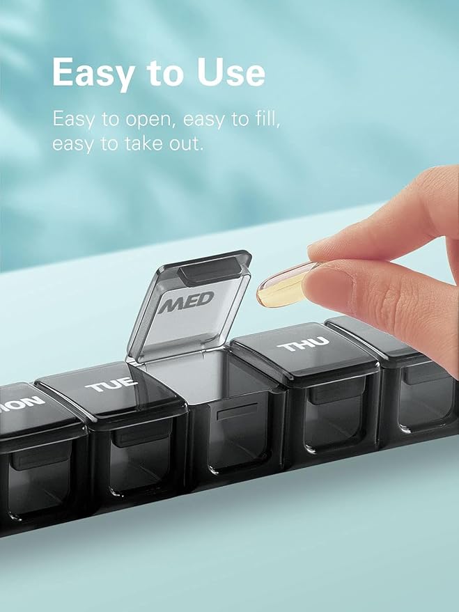 Sukuos Medium Large Weekly Pill Organizer – 7 Day Daily Pill Box, Easy-to-Open Medicine Container with Silkscreen & Clear Lid for Vitamins, Fish Oils or Supplements