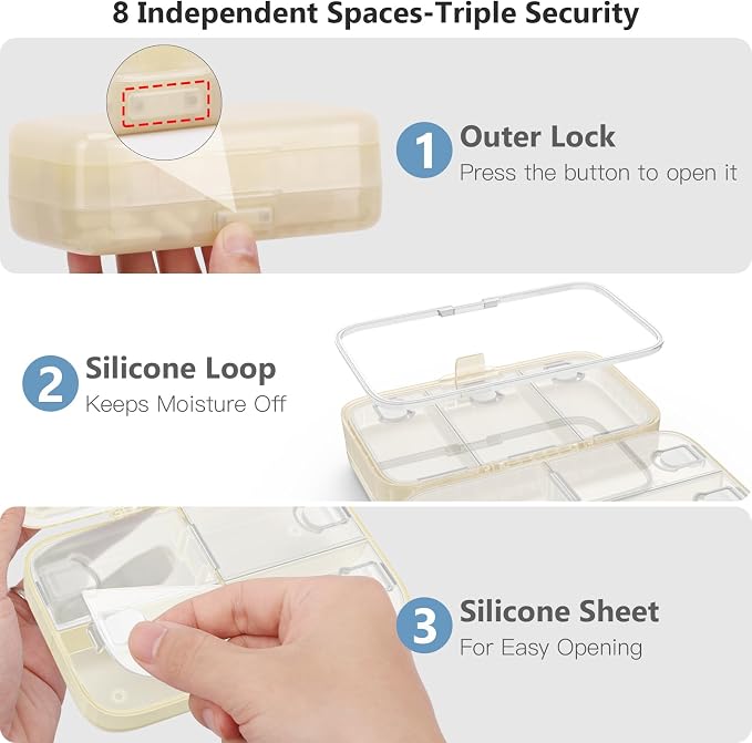 FYY Travel Pill Organizer, Large Weekly Medicine Pill Organizer-Beige | Airtight Moistureproof Medicine Case, Easy to Use, 8 Compartment Pill Box for Vitamins, Fish Oil, Supplements, Mini First Aid