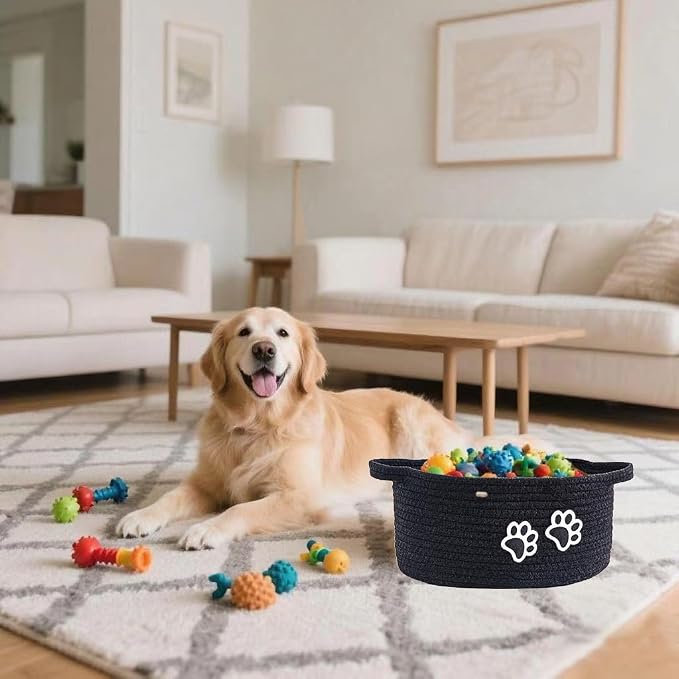 Small Woven Cotton Rope Nursery Organizer Bins, Dog Toy Basket Bins with Handle, Cute Empty Pet Gift Storage Baskets with Paw