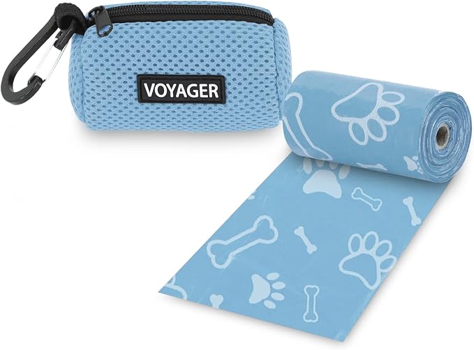 Best Pet Supplies Dog Poop Bag Holder Leash Attachment with Reusable Dispenser for Travel, Walking, Park, and Outdoor Use, Durable with Clip-On - Baby Blue, Mesh Dispenser w/15 Bags