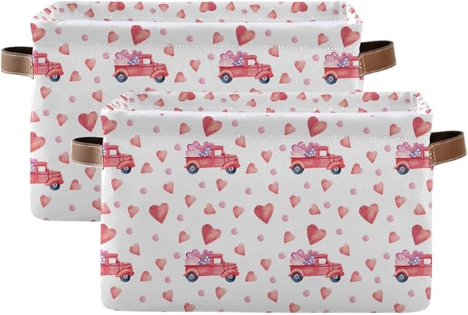 Happy Valentine's Day Storage Basket Fabric Laundry Baskets Love Heart Pickup Truck Car Storage Boxes Organizer Bag for Baby Cloth Dog Toy Book Storage Cubes Shelf Closet Bins 16×12×8 Inches
