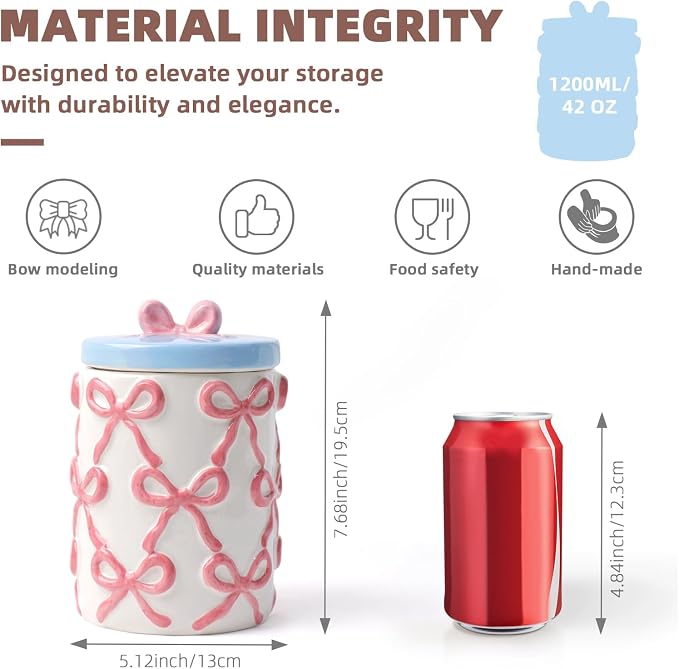 Cookie Jars with Lid Airtight, 42 OZ Large Ceramic Food Storage Containers, Cute Pink Bow Kitchen Canisters for Countertop, Suitable for Home Decor of Coffee, Sugar, Tea, Flour, Dog Treat (7.5 inch）