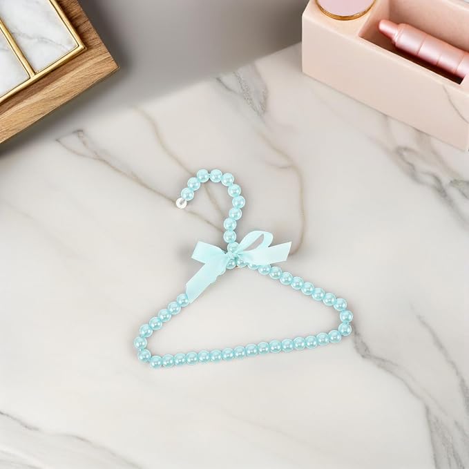 4pcs Pet Clothes Hanger 20cm Blue Pearl Beaded Mini Rack | Plastic and Iron Wire Build, for Dog Clothing and Pet Outfits, Home or Pet Stores, Elegant Design