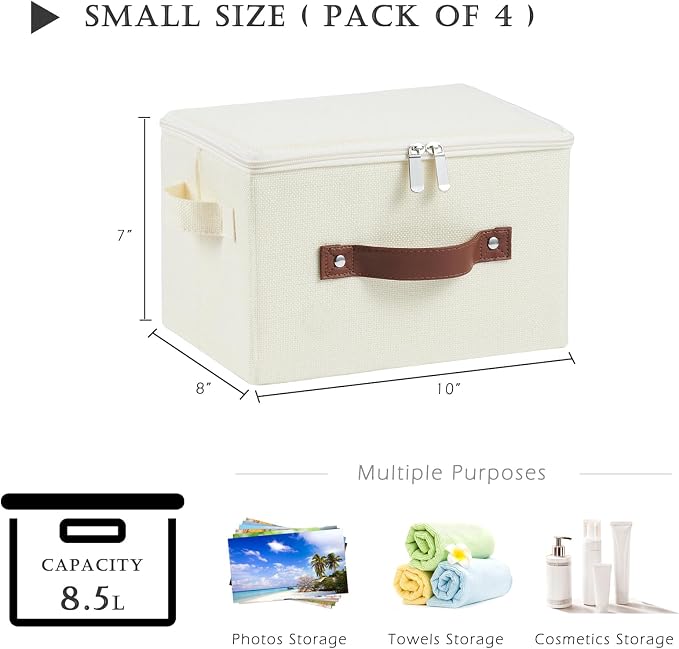 4PCS Storage Bins with Zipper Lids Decorative Lidded Basket Box | Clothes Container, Closet Shelf Organizer, Foldable Washable, Cotton Linen Fabric, w/ PU Leather Handles, Beige, Small