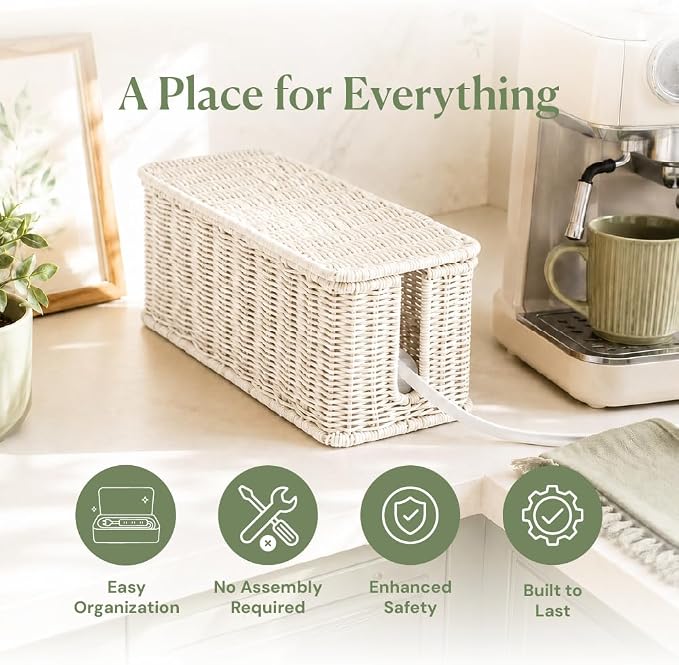 Cable Management Box, Handmade Rattan Cord Organizer for Power Strip | Open Slots Cord Hider for Power Strip, Router & USB Hub, Registered U.S. Design Patent