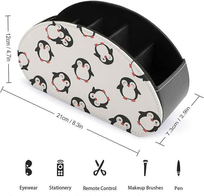 Pu Leather Remote Control Holder Cute Penguins 5 Slot Desk Caddy Box | Cute Penguins Office Desktop Storage Organizer for Controller, Media Player, Stationery Supplies