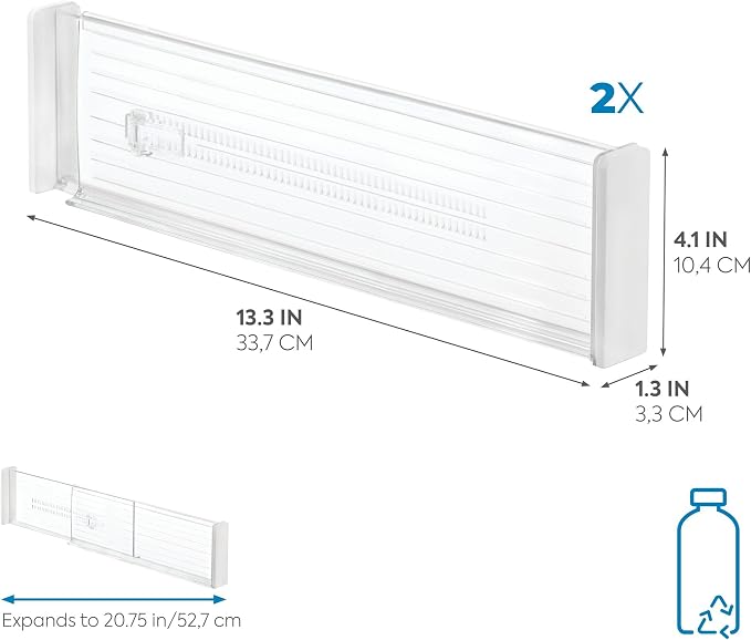 iDesign Plastic Adjustable Deep Drawer Divider, Kitchen, Dresser, Desk, Bathroom and More, The Linus Collection – Set of 2, Expandable 13.25” – 20.75”, Clear | Expandable, 13.25"x4.10"x1.25", Clear