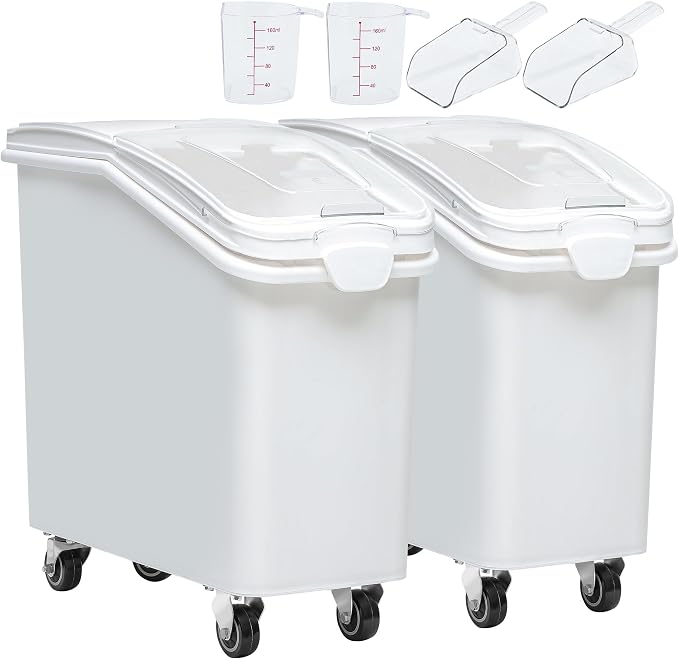 YITAHOME 27-Gallon Food Storage Container,Bulk Flour Bin, Large Ingredient Storage Bin with Wheels, Measuring Cup & Scoop, for Kitchen/Dining Room, Commercial Rice Container,2 count,White