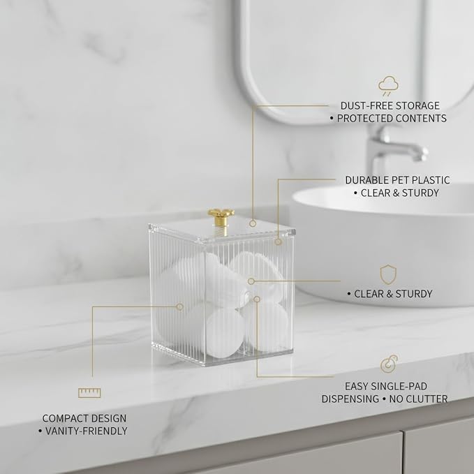 Clear PET Cotton Pad Dispenser Canister - Enclosed Storage for Rounds & Swabs, Compact Bathroom Vanity Organizer (1 Pack)