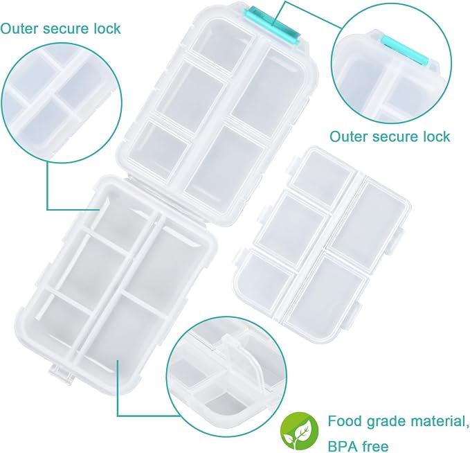 Pill Organizer Travel with 189 Medicine Labels, 10 Compartments Pill Container Travel Pill Box Purse Pill Case Compact Pill Organizer (White, 1 Pack)