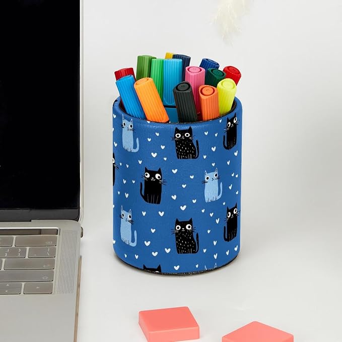 Faux Leather Pen Holder for Desk, Pencil Organizer Cute Cat Pen Cup Desk Decor Makeup Brush Holder Storage for Office Home