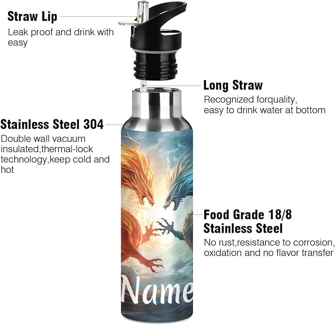 Custom Name Dragons Water Bottle with Straw Lid Kids Insulated Stainless Steel Water Flask Sports, 20 Oz Hot Cold