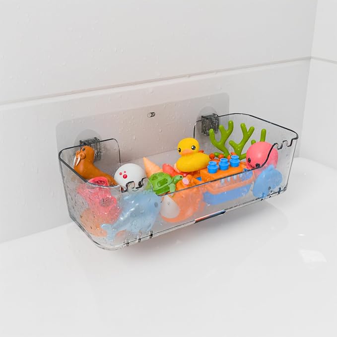 Bathtub Toy Storage, Clear Wall-Mounted Bath Toy Holder, No-Drill | 2 Adhesive Backplates Included, BPA-Free PET, Fast-Drain Design, Detachable, 13 lb Load Capacity