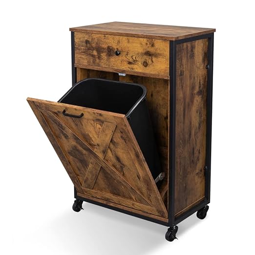 VINGLI 13 Gal Tilt Out Trash Can Cabinet with Drawer & Wheels, Rustic Brown | Wood Hidden Trash Can Kitchen Cabinet with Drawer, Freestanding Pet Proof Storage Organizer, Laundry Basket