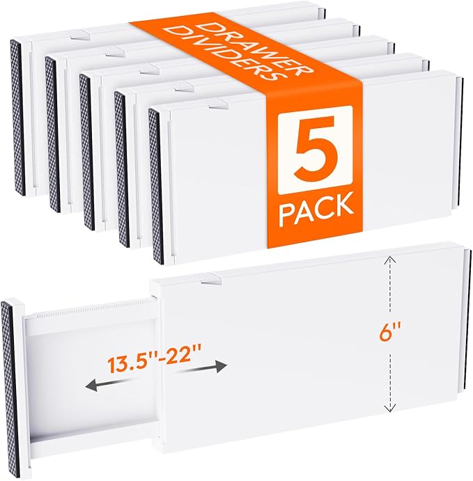 Lifewit 6" Tall Upgrade Drawer Dividers, Adjustable Deep Drawer Organizer | 13.5"-22" Expandable White Drawer Separator for Clothes, Dresser/Kitchen/Closet/Bedroom/Office Organization & Storage, 5 Pack