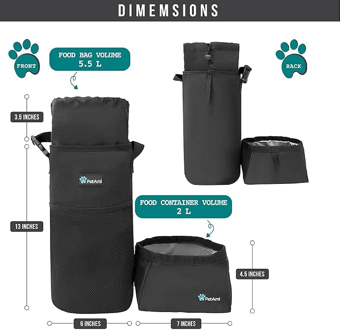 PetAmi Travel Dog Food Bag with 2 Collapsible Bowls Waterproof Dog Kibble Storage & Foldable Food Water Bowls for Dogs & Cats, Hiking & Camping (Black, Grey)