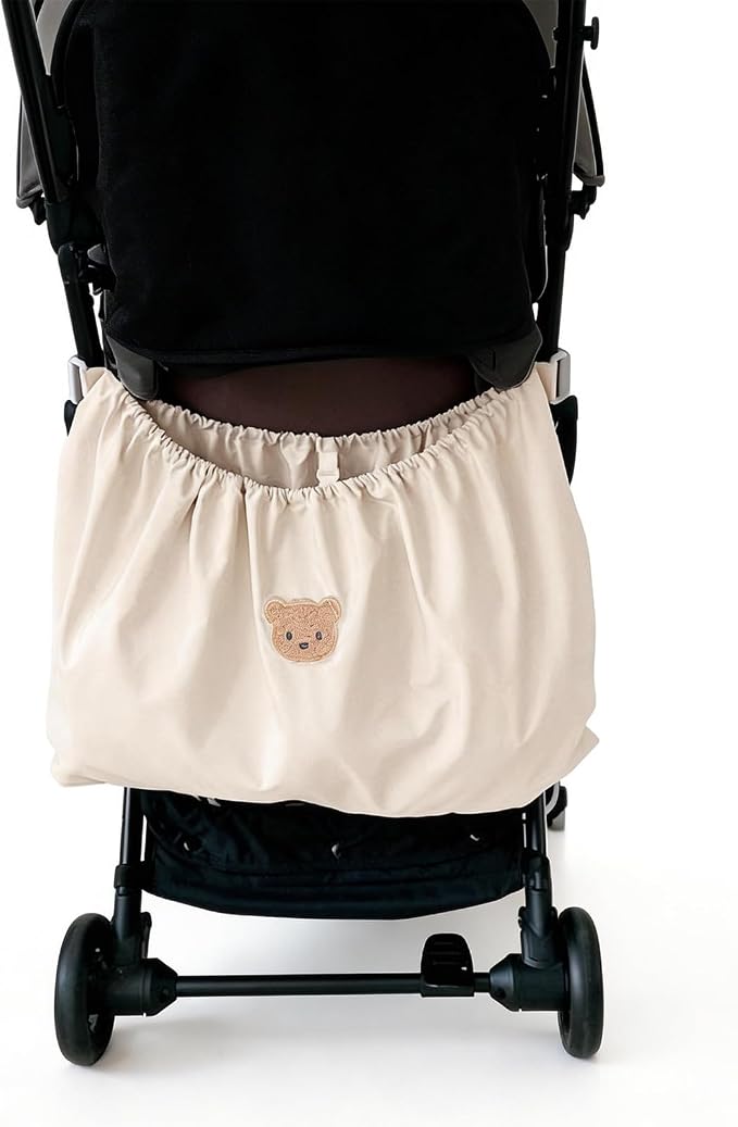 Universal Stroller Organizer Nylon Stroller Storage Bag for Baby Essentials | Large Capacity, Non-Slip, Adjustable, with Hook & Loop, Cargo Bag for Umbrella & Pet Stroller Accessories, Beige Bear
