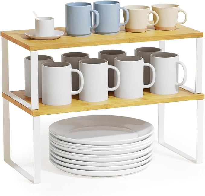 SpaceAid Cabinet Shelf Organizers 2 Pack, Kitchen Counter Rack Shelves Riser, Stackable Expandable Spice Rack, Pantry Cupboard Storage Organization (White and Natural, Long)