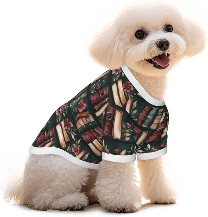 Vintage Floral Bookshelf Dog T Shirt Dogs Cats Cotton Shirts Short Sleeve Clothes Soft Stretchy Pet Costume Doggy Outfit Pullover Jumper Puppy Sweatshirt Medium