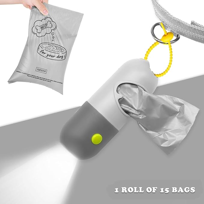 YUCHIYA Dog Poop Bag Holder Dispenser with LED Flashlight(Light Grey) | 100ft Ultra-Bright LED|Glow-in-the-Dark Avacado Clip|Metal Carabiner&Silicone Tether|15 Leak-Proof Scented Waste Bags