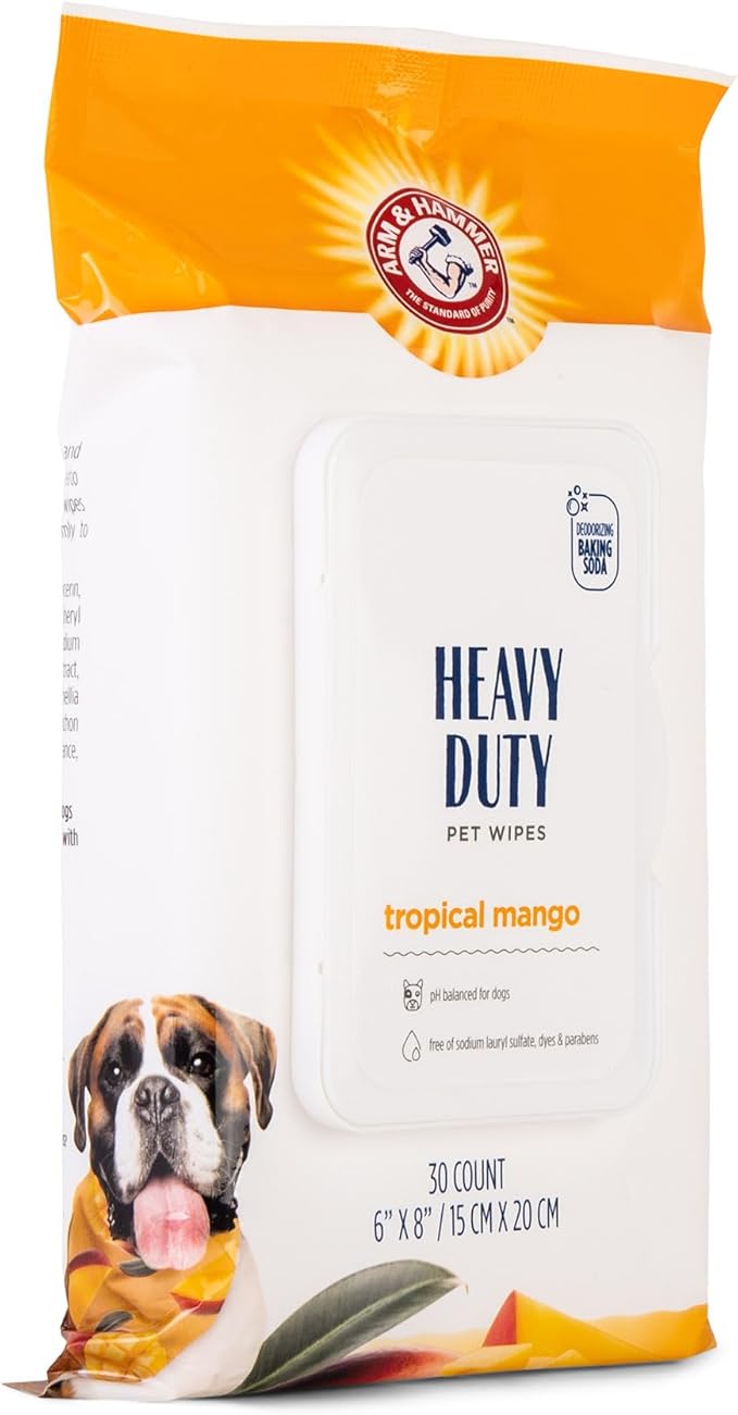 Arm and Hammer for Pets Heavy Duty Multipurpose Dog Bath Wipes, Mango Scent, Travel Size - All Purpose Wipes that Remove Odor and Refresh Dog Coat Between Baths, 30 Count - 6 Pack