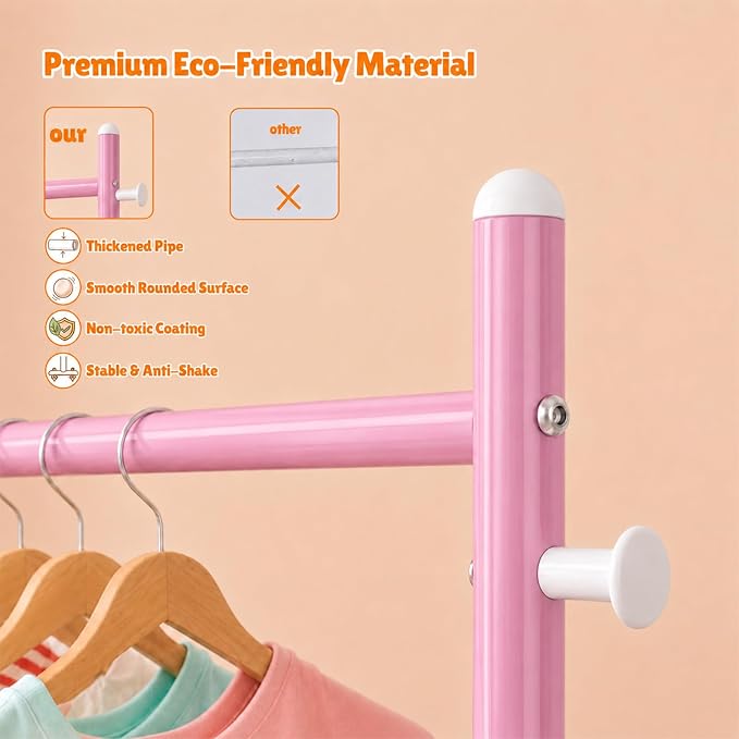 Kids Clothing Rack with Double Rod Height Adjustable Kids Clothes Rack Pink | Storage Basket & Hooks, Height Adjustable Kids Clothes Rack, Portable Baby Dress Up Garment Rack for Princess Dresses