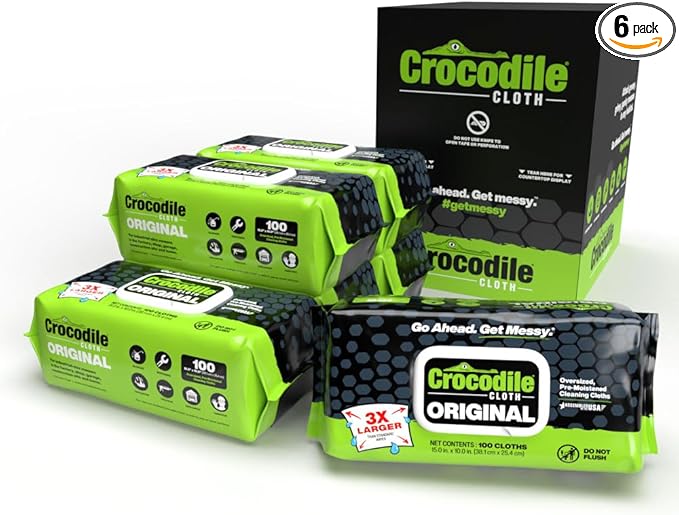 Crocodile Cloth Original Cleaning Wipes, Heavy-Duty Multi-Surface Hand & Tool Wipes, Water-Based, Safe on Skin, 600 Count (6 Packs of 100), 15 x 10 Inch
