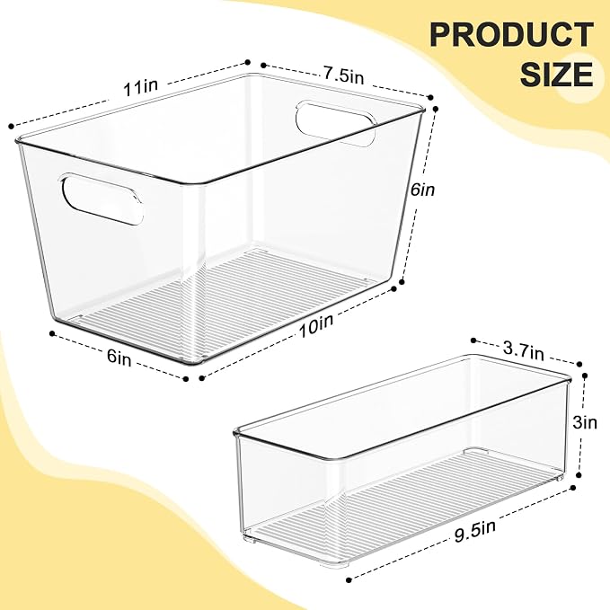 Set of 6 Pantry Organizers and Storage, Clear Plastic Bins(4L+2S) | BPA-free PETG storage containers with handles, Ideal for kitchen, fridge, bathroom, cabinet, office, and garage organization