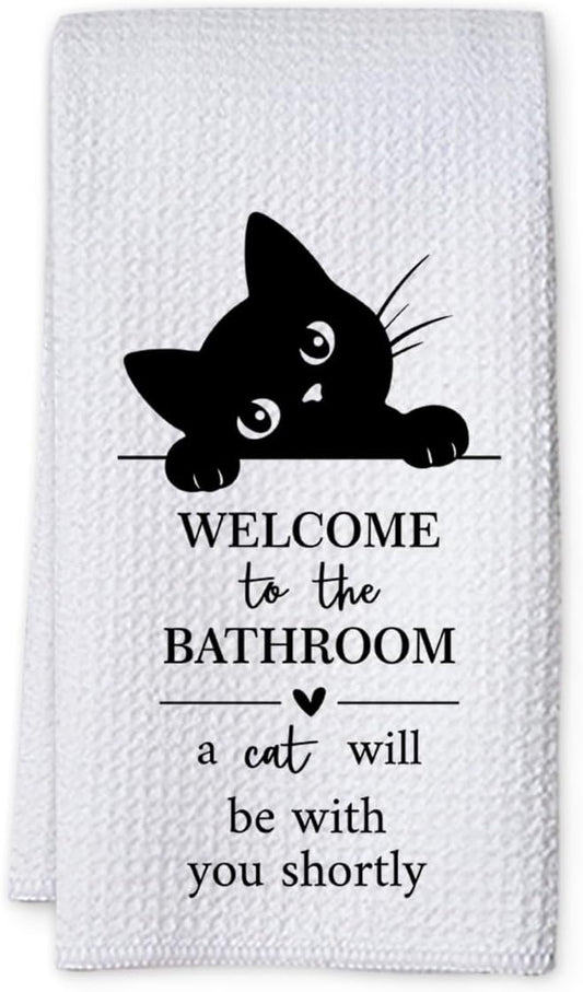 KIDEAR Funny Black Cat Bathroom Decor Welcome to The Bathroom Hand Towel,1 PCS Cute Black Cat Kitchen Towels for Toilet Wall Decorations,Cute Animal, Gifts for Women, Pet Owners Housewarming - A09