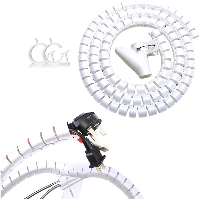 White Cable Wire Cover Cord Management Sleeve Electrical Wire Organizer Holder, VIWIEU Reusable & Expandable Desktop Spiral Tube Wire Hider with Cable Clips for TV Computer Home Entertainment