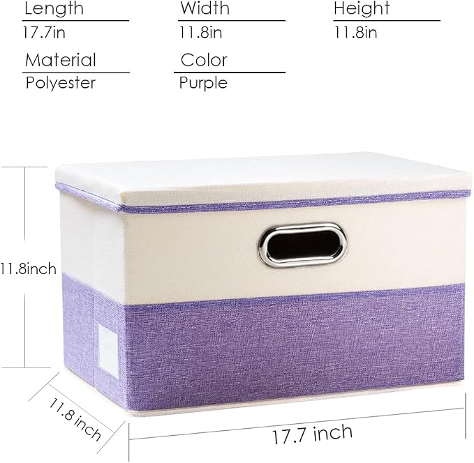 Large Foldable Storage Bins with Lids [3-Pack] linen Fabric Decorative Storage Boxes Organizer Containers Baskets Cube with Handles Divider for Bedroom Closet Purple&Cream(17.7x11.8x11.8)