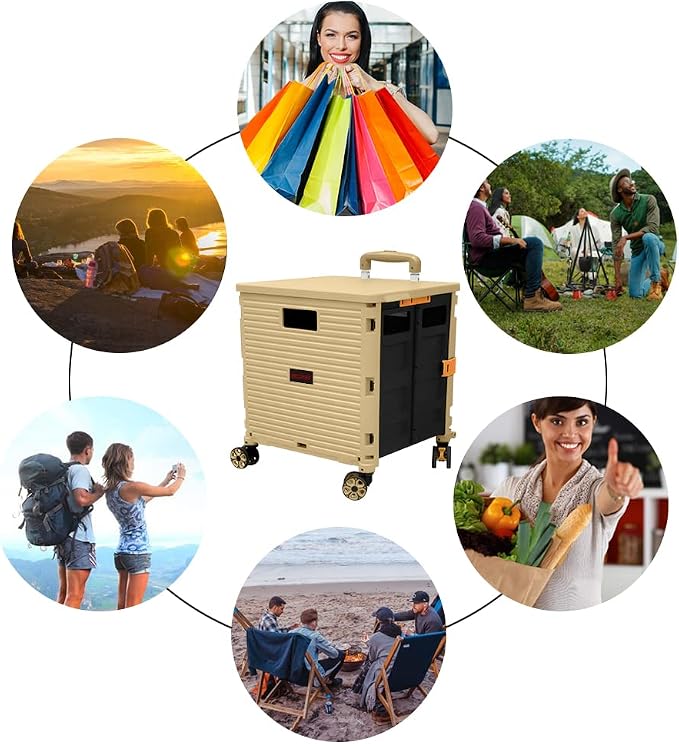 FELICON SELORSS Foldable Utility Cart Folding Portable Rolling Crate-Khaki | Durable,Heavy Duty,Plastic Box,Telescoping Handle,4 Rotate Wheels,Collapsible Handcart for Travel Shop Move Luggage Office