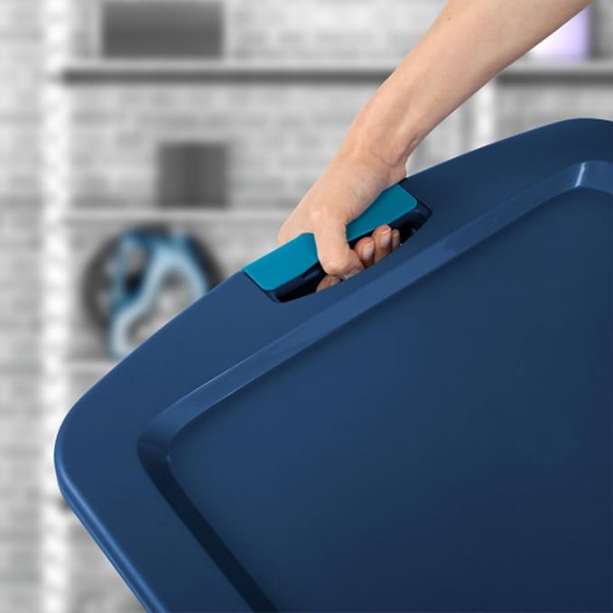 Sterilite 18 Gal Latch and Carry, Stackable Storage Bin with Latching Lid, Plastic Container to Organize Closets, Clear with Blue, 18-Pack