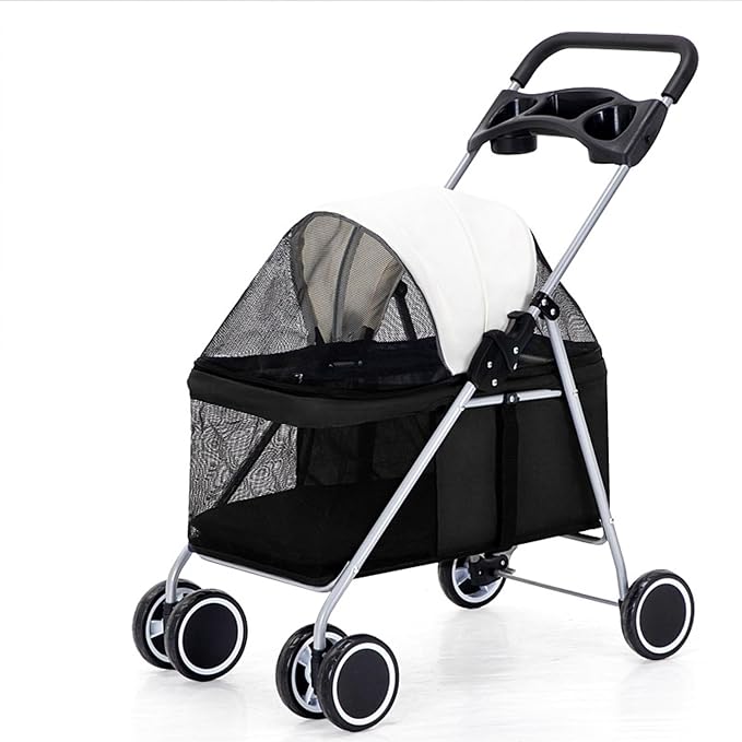 Outdoor Portable Foldable 4-Wheel Pet Cart for Small,Medium-Sized Dogs and Cats with Cup Holder,Travel Pet Small Lightweight Cart (Black)