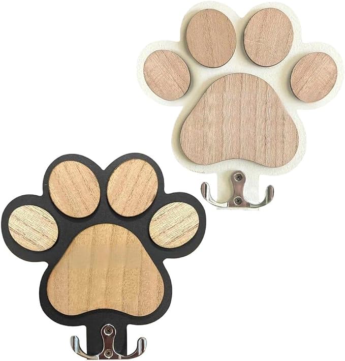 2 Pcs Wooden Paw Print Pet Leash Hook, Dog Leash Holder Wall Mounted Wooden Pet Organizer Double Hook for Dog Collars Entryway Accessories