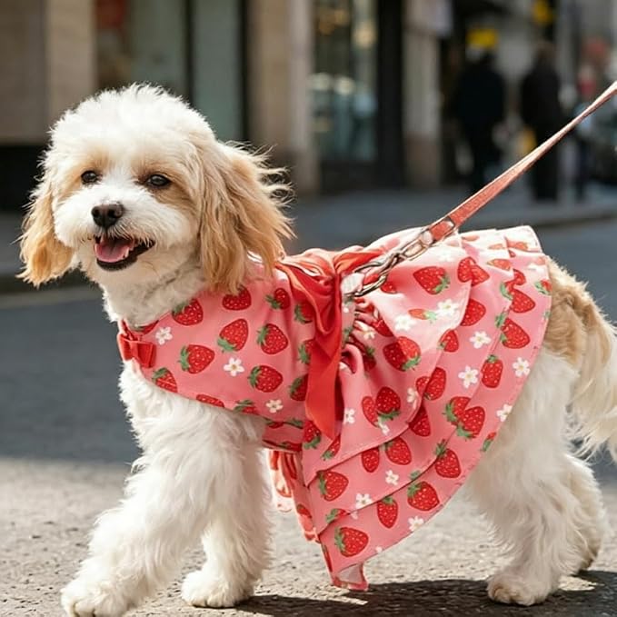 PUPTECK Summer Dog Dress with Bow and Leash Ring, Pink Strawberry M | Cute Adorable Breathable Mesh Dog Clothes for Small Medium Dogs Puppy Cats, Pet Outfit Apparel for Birthday Party