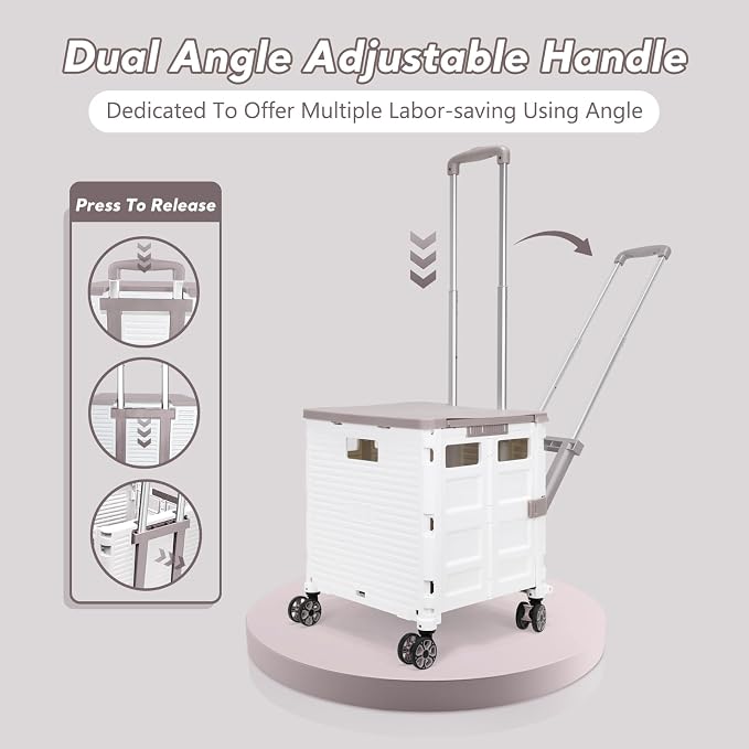 FELICON SELORSS Folding Utility Cart Portable Rolling Crate Handcart-White | Adjustable Handle+Extended Magnetic Lid,Storage Basket Box,4 Swivel Wheels Tote for Teacher Move Shop Travel Grocery Office