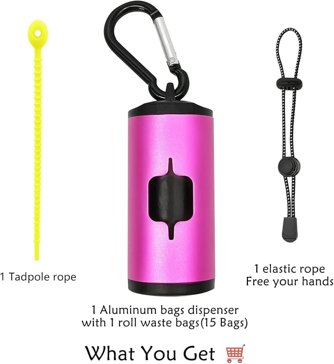 YUCHIYA Aluminum Dog Poop Bags Holder with Carabiner Metal Pet Waste Bags Dispenser with Hook and Loop Fastener and Elastic Cord to Carry Used Bags (Pink, 1 Holder 15 Bags)