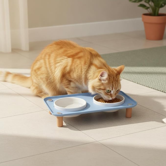 Generic Industrial Dish Elevated Cat Feeder Tray Pet Bowl Stand Raised and Water Organizer Easy Cleaning Surface Suitable for Cats Small Dogs Daily Feeding, Cream Yellow