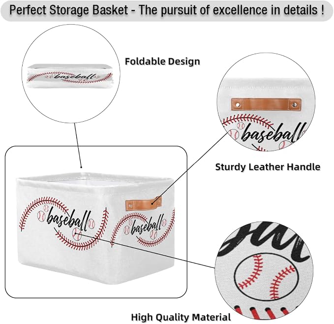 AUUXVA Storage Basket Baseball Stitches Storage Cube Box Sport Baseball Basket Softball Canvas Collapsible Toy Storage Bin Shelf Kids Gift Basket with Handles, 1Pc