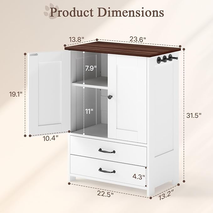 Rovibek Dog Feeding Station with Elevated Dog Bowls with Storage Drawers | Pet Storage Cabinet and Pet Feeding Station with Leash Hooks, Pet Organizers for Food & Supplies, White