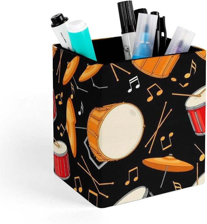 Pu Leather Pen Holder Pencil Cup, Rock Drum Stand Makeup Brush Holder, Stationery Organizer Container Box Desk Decor Accessories for Office