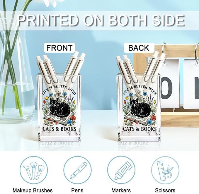 Life Is Better With Cats & Books Acrylic Pencil Holder Cup for Women | Funny Floral Cat Books Desk Organizer for Book Lover Bookish Bookworm Reader, Pet Lover Gifts for Mom Sister BFF, Pencil Cup